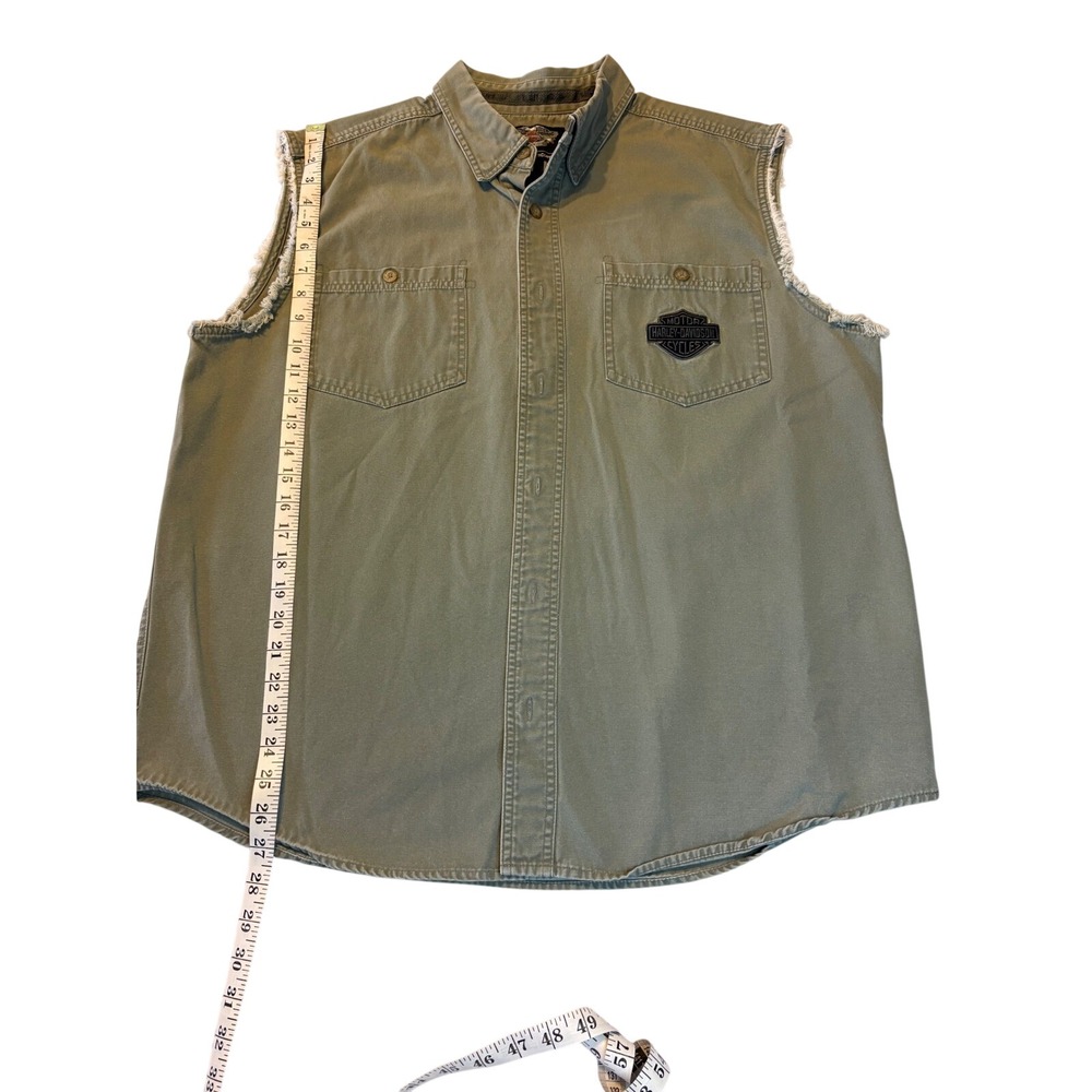 Harley-Davidson‎ Mens Sleeveless Denim Button Up Shirt Olive Green Vintage